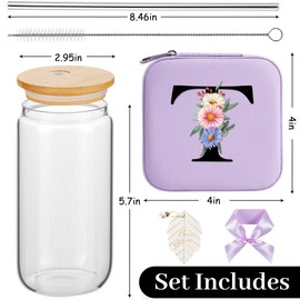 AYGXU Birthday Gifts for Women,Teen Girls Gifts,Travel Gifts for Women Girls,Thanksgiving gifts for women,Valentines Gifts,Graduation Gifts for Her,glass cup with bamboo lid and straw,Initial T purple