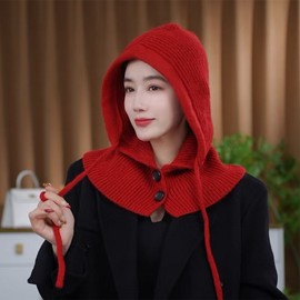 New Knitted Hood Balaclava Hat Scarf for Women - Warm Ear Protection for Autumn & Winter Free Size / Button Cap - Dark Beige 3ea