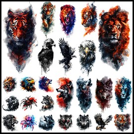 CHARLENT 25 Beast Temporary Tattoos for Men Adult - 12 Sheets Sleeve Arm Watercolor Lion Wolf Fake Tattoo,13 Sheet Tiger Eagle Tattoos For Men