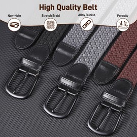 Huiguli Elastic Belt for Men, 3 Pieces Braided Stretch Belt with Metal Buckle, Casual Belt for Mens Womens Jeans, Woven Golf Belts No-Hole, 3.5 * 110cm Black Brown and Grey