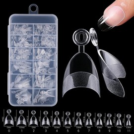 240Pcs Short Almond Gel x Nail Tips Half Cover, 12 Sizes French False Nails Tip Extensions, Half Clear Matte Fake Coffin Nail Art Tips with Assortment Box, Artificial Salon Nails with Handle for Women