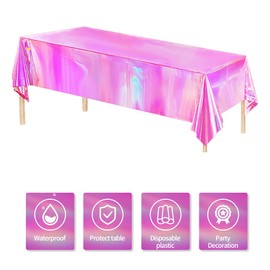 Srua Don Pink Iridescent Party Decorations Tablecloth, 3 Pack Disposable Shiny Hot Pink Holographic Table Cover Party Supplies, for Metallic Mermaid Theme Baby Shower Birthday Wedding, 55in x 86in
