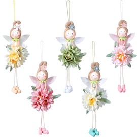 Christmas Flower Angel Doll Decoration 5pcs 7.8inch Pastel Easter Fairy Hanging Ornaments Flower Angel Wings Fairy Tree Hanging Figurine for Home Spring Birthday Easter Party Decor