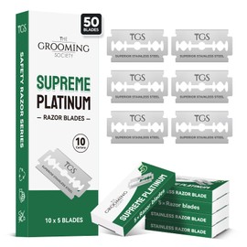 The Grooming Society Double Edge Safety Razor Blades, 50 Count Premium Stainless Steel Razor Blades for Men, Replacement Razor Refills for Women, Smooth and Clean Shave