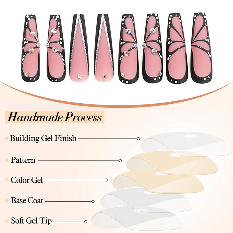 GlamRays Long Coffin Black Shiny Full Perimeter Acrylic Nails Extra
