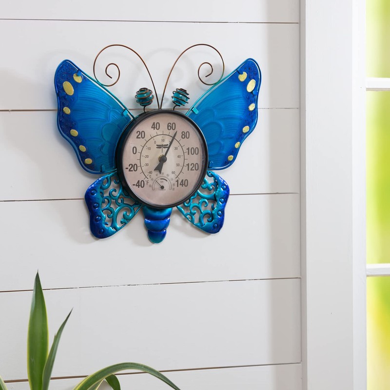 Evergreen Butterfly Outdoor Wall Thermometer, Blue