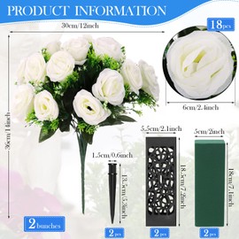 Yahenda 2 Sets Artificial Cemetery Flowers 36 Heads Rose with 2 Grave Markers Flower Holder Vase with Drainage Hole Long Spikes and 2 Floral Foam Blocks for Outdoor Memorials (Beige)