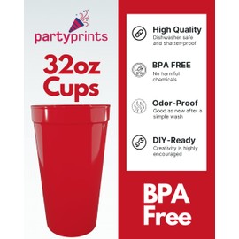 PartyPrints 100 Pack 32oz Red Reusable Blank Plastic Cups, Colored Plastic Drinking Cups, Food-Grade Party Cups, Stackable Water Cups for Parties, Weddings, Events or DIY Projects