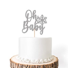 The Poppin Party Shop (Set of 2) Snowflake Oh Baby Cake Topper or Centerpiece,Silver Glitter Winter Baby Shower Decorations,Wonderland or Gender Reveal Party Decor (Set of 2)