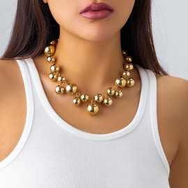Chunky Pearls Statement Choker Necklace for Women Teen Girls,14K Gold Large Beaded Punk Ball Cluster Collar Necklace Party Dainty Jewelry Gift (Gold)