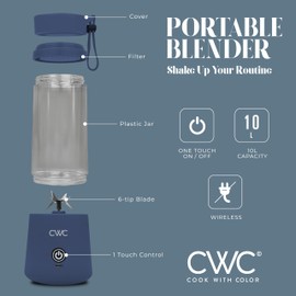 COOK WITH COLOR Mini Portable Blender - 250W Power, 12oz Capacity, Stainless Steel Blade, Wireless/USB Rechargeable,Blue