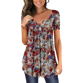 onlypuff Womens Tops Henley Shirt V Neck for Women Casual Flower Shirts Loose Fit