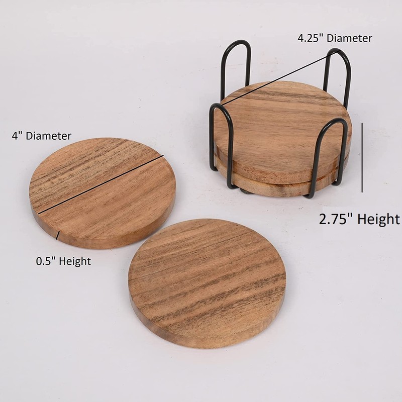 EDHAS Acacia Wood Coasters for Drinks with Iron Holder Stand