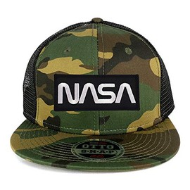 Armycrew NASA Black White Worm Patch Oversized XXL Camo Flatbill Trucker Cap - CAMO Black - XXL