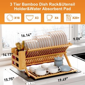 Greenual Bamboo Dish Drying Rack with Utensil Holder, 3 Tier Collapsible Dish Rack, Wooden Dish Racks for Kitchen Counter, Large Folding Drying Holder with Absorbent Dish Drying Mat