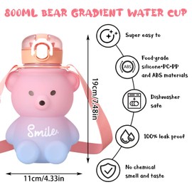 Smilcloud Kawaii Water Bottle With Straw, Bear Drinking Bottle 800ml Leak-Proof Water Cup Bottles with Shoulder Strap for Teens Kids Girls Travel School Office