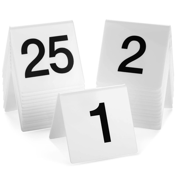 Set of 25 Restaurant Table Numbers 1-25, Double-Sided Acrylic Tent Table Numbers for Events, Banquets, Food Service, Wedding Receptions (Black and White, 3x2.75x2.5 in)