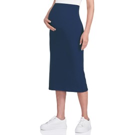 POSHDIVAH Women's Maternity Skirt Over The Belly Midi High Waisted Solid Stretchy Pregnancy Pencil Skirt Navy Blue Medium