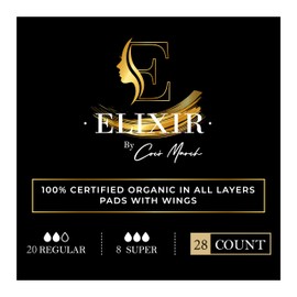 Elixir by Cocó March Certified Organic Cotton Hypoallergenic Pads for Sensitive Skin Chemical Free with Wings- Ultrathin - Plant Based Biodegradable Back Sheet & Wrapper (20 Regular+8 Super)