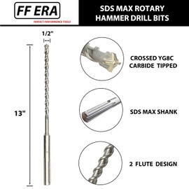 FF ERA 1/2 Inch x 13 Inch SDS MAX Rotary Hammer Drill Bit – U-Flute - Masonry Drill Bits with Carbide Tipped for Brick, Stone, Concrete – SDS MAX Divers ONLY (1/2''x13'')