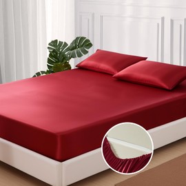 MR&HM Satin Fitted Sheet Queen Size, Silky Bottom Sheet with Elastic Corner Straps, Deep Pocket up to 15 Inch, No More Slipping Off for Mattress - 1 Fitted Sheet Only (Burgundy)
