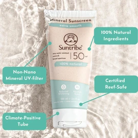 Suntribe Natural Mineral Organic Sun Cream Sport SPF 50/100 ml, 100% Natural & Reef Proof, Nano-Free Mineral UV Filter, Very Waterproof, Sweatproof - White Shimmer