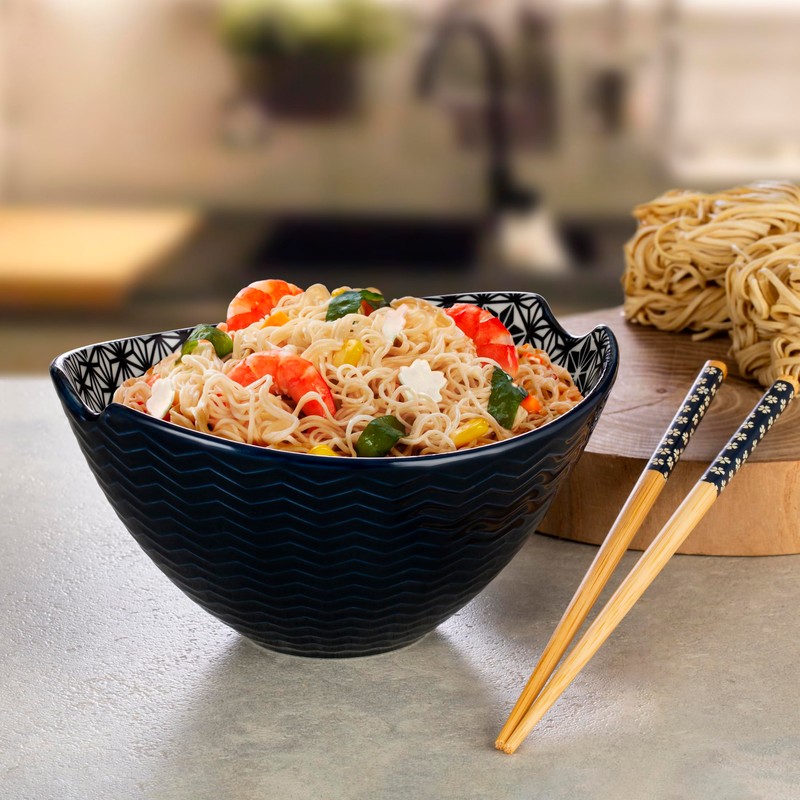 Signature Housewares Pad Print Blue/Black Ceramic Oval Noodle Bowl with