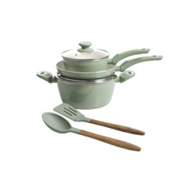Gibson Home Plaza Café Forged Aluminum Healthy PFA-Free Ceramic Pots and Pans Cookware Set, 7-Piece Set, Mint Green