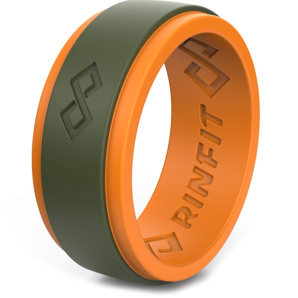 RinfitAir メンズシリコンウェディングリング 1または3リングパック RinfitAir 通気性デザイン シリコンゴム メンズ結婚指輪 サイズ7~14(9、オレンジ&アーミーグリーン)