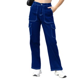 Womens Cargo Denim Jeans High Waisted Stretchy Flap Pocket Straight Leg Pants