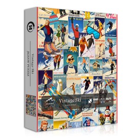PICKFORU Vintage Ski Puzzles 1000 Piece, Winter Puzzles for Adults 1000 Pieces Sport, Retro Holiday Jigsaw Puzzle Skiing for Skiers
