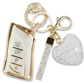 Simocky Key Fob Cover with Diamond Keychain for Lexus Car Key Shell Compatible with Lexus ES350 ES300h UX200 LS500 LS500H LC500 LC500h Smart Remote Key Protector for Women (3/4 Buttons-Gold Heart)