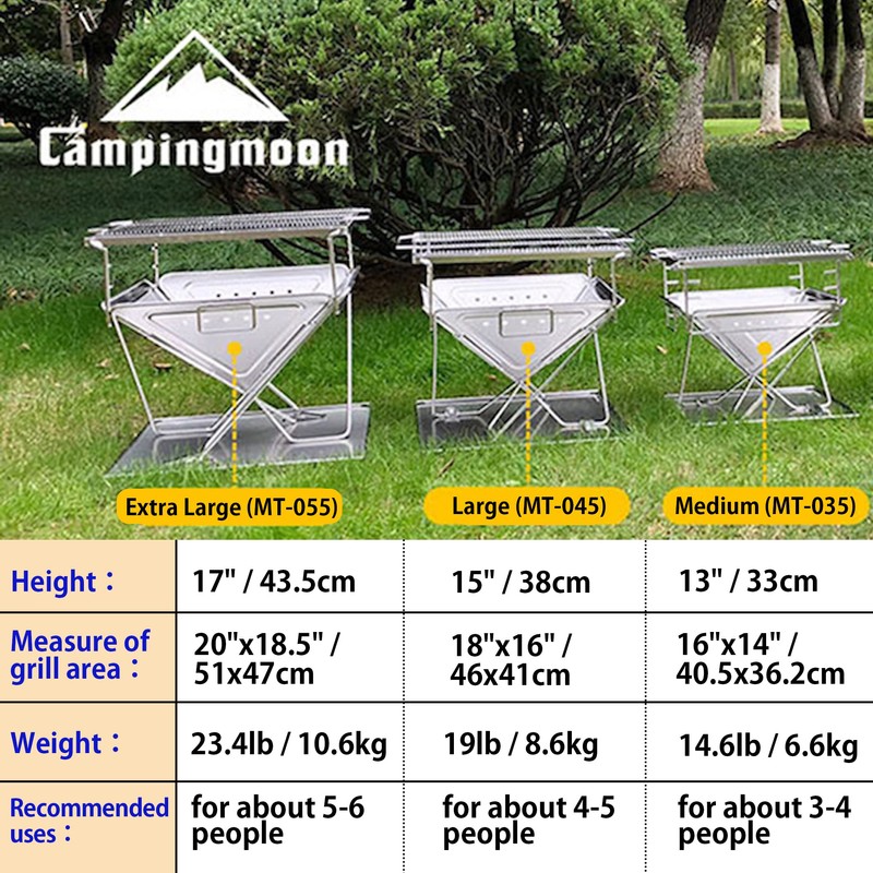 CAMPINGMOON 3-in-1 Portable Stainless Steel Wood Burning Grill and Fire
