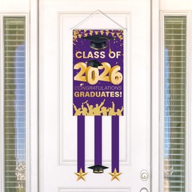 Graduation Banner Congratulations Class of 2026 Graduation Decorations Hanging Door Sign Banner Backdrop Wall Decor Supplies for Indoor Outdoor Party Favors Purple