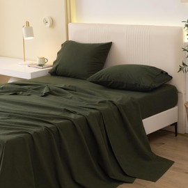 JIYUAN 100% Washed Cotton Sheet Set Comfy Simple Style Soft Breathable Textured Durable Linen Feel Bedding for All Seasons King Size,Solid Olive Green