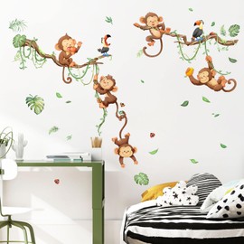 Supzone Wall Sticker Monkey Climbing on Tree Wall Sticker Hanging Vine Leaves Wall Sticker Jungle Boys Room Wall Decor for Children's Room Baby Room Bedroom Wall Decoration