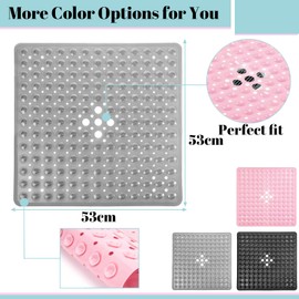 Shower Bath Mat 53x53cm,Extra Square Shower Mat Anti Mould Bath Mats Grey,Non Slip Bath Mat for Tub,Shower Mats with Suction Cups,Drain Holes,Machine Washable Bathroom Bathtub for Kids,Elderly