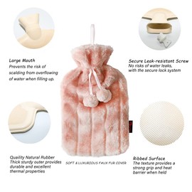 Ram® Large Cosy 2L Litre Rubber Hot Water Bottle with Faux Fluffy Cover Pink