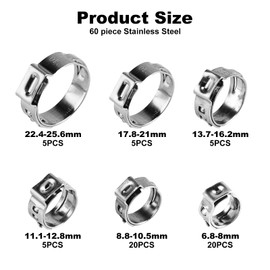 60 Pcs Hose Clips, Jubilee Clips Assorted Adjustable 6.8-25.6mm, 304 Stainless Steel Hose Clamps Set, Single Ear Stepless Hose Clamps, Worm Drive Hose Pipe Clips Clamps for Tube Water Pipe Pool Hose