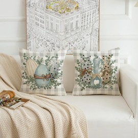 HOMFREEST Easter Pillow Covers 18 x 18 Set of 2 Eggs Bunny Eucalyptus Buffalo Plaid Grey Throw Pillows Spring Easter Cushion Cases for Sofa Couch