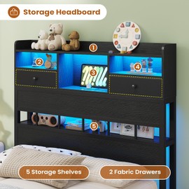 BTHFST Twin Bed Frames with Headboard & Charging Station, LED Bed Frame Twin with 5 Storage Shelves & Under Bed Storage, Platform Bed Frames for Kids, No Box Spring Needed, Black