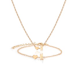 Gold Initial Necklace and Bracelet Set for Women - Jewelry Sets for Valentines Day, Galentines Day Gifts for Her, Mom, Daughter