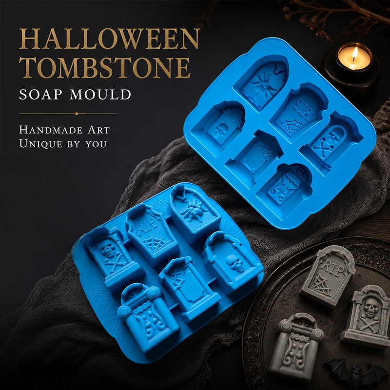 2PCS 3D Halloween Tombstone Coffin with Skulls Spider RIP Silicone