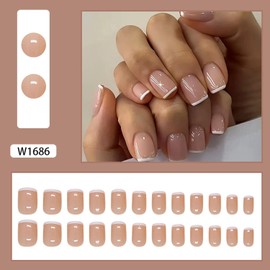 Press on Nails Short Fake Nails White French Acrylic Nails Nude Full Cover Nails Press ons Glossy Reusable Artificial False Nails Solid Simple Stick on Nails for Women 24 Pcs