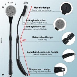 Back Brush Long Handle for Shower, 20.5” Back Bath Brush for Shower, Back Scrubber, Exfoliation and Improved Skin Health for Elderly with Limited Arm Movement, Disabled（Black）