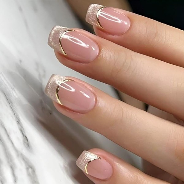 Cat Eye Press on Nails Medium Squoval with Gold Line