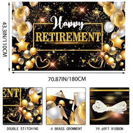 Retirement Party Decorations - 71x44 Inch Large Happy Retirement Banner Backdrop with Black and Gold Design, Includes 19.69ft Ribbon for Photo Booth Studio Props and Party Decorations