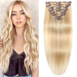 Clip in Hair Extensions Real Human Hair Clip ins 100% Human Hair Extension for Women Clip in Extensions 8pcs Per Set with 18 Clips Double Weft (24 Inch 90g #18/613 Dark Blonde Highlight Bleach Blonde)