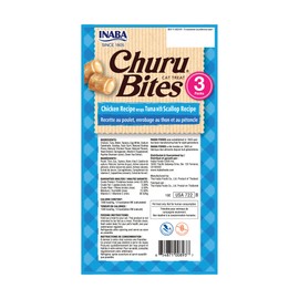 INABA Churu Bites for Cats, Soft Baked Chicken Churu Filled Cat Treats with Green Tea Extract, 0.35 Ounces Each Tube, 3 Tubes Total, Tuna with Scallop Recipe