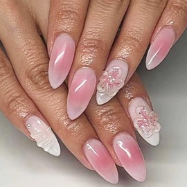 Kamize Almond Fake Nails Pink Press on Nails Full Cover Acrylic Medium Fake Flower Nails for Women and Girls 24PCS